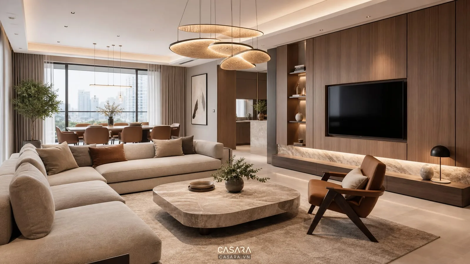 mẫu thiết kế chung cư sang trọng với sofa chữ L và vách tivi gỗ