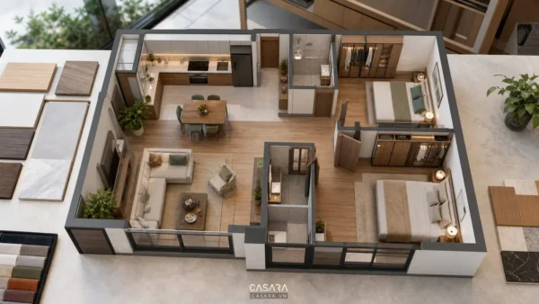 Mô hình mặt bằng căn hộ 70m2 gồm phòng khách, bếp ăn và hai phòng ngủ