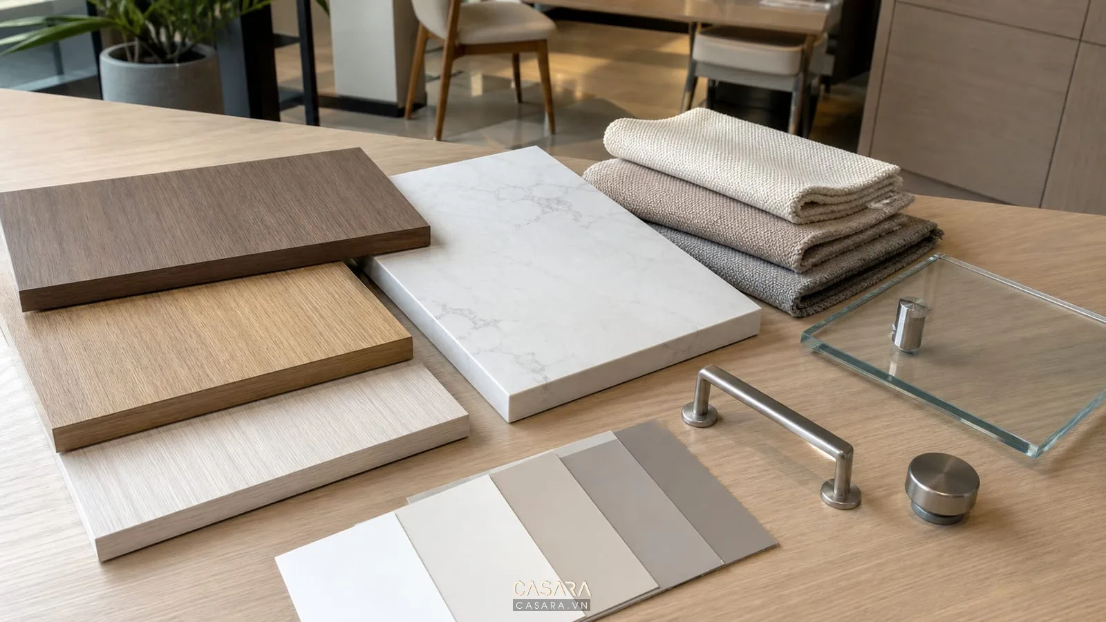 bảng vật liệu mẫu thiết kế chung cư có gỗ đá vải sofa và kính