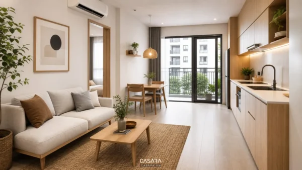Phòng khách bếp mở trong căn hộ một phòng ngủ với sofa nhỏ, bàn ăn hai ghế và tủ bếp sáng màu