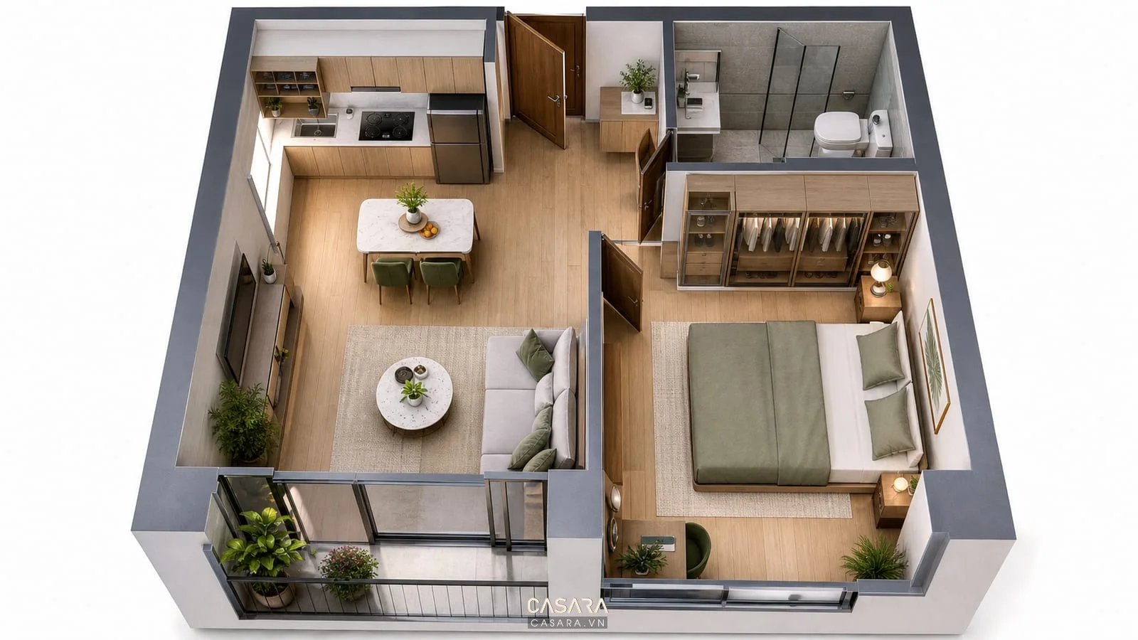 Thiết kế chung cư 40m2 1 phòng ngủ với mặt bằng khách bếp, phòng ngủ, tủ áo, bàn ăn nhỏ và lối đi rõ