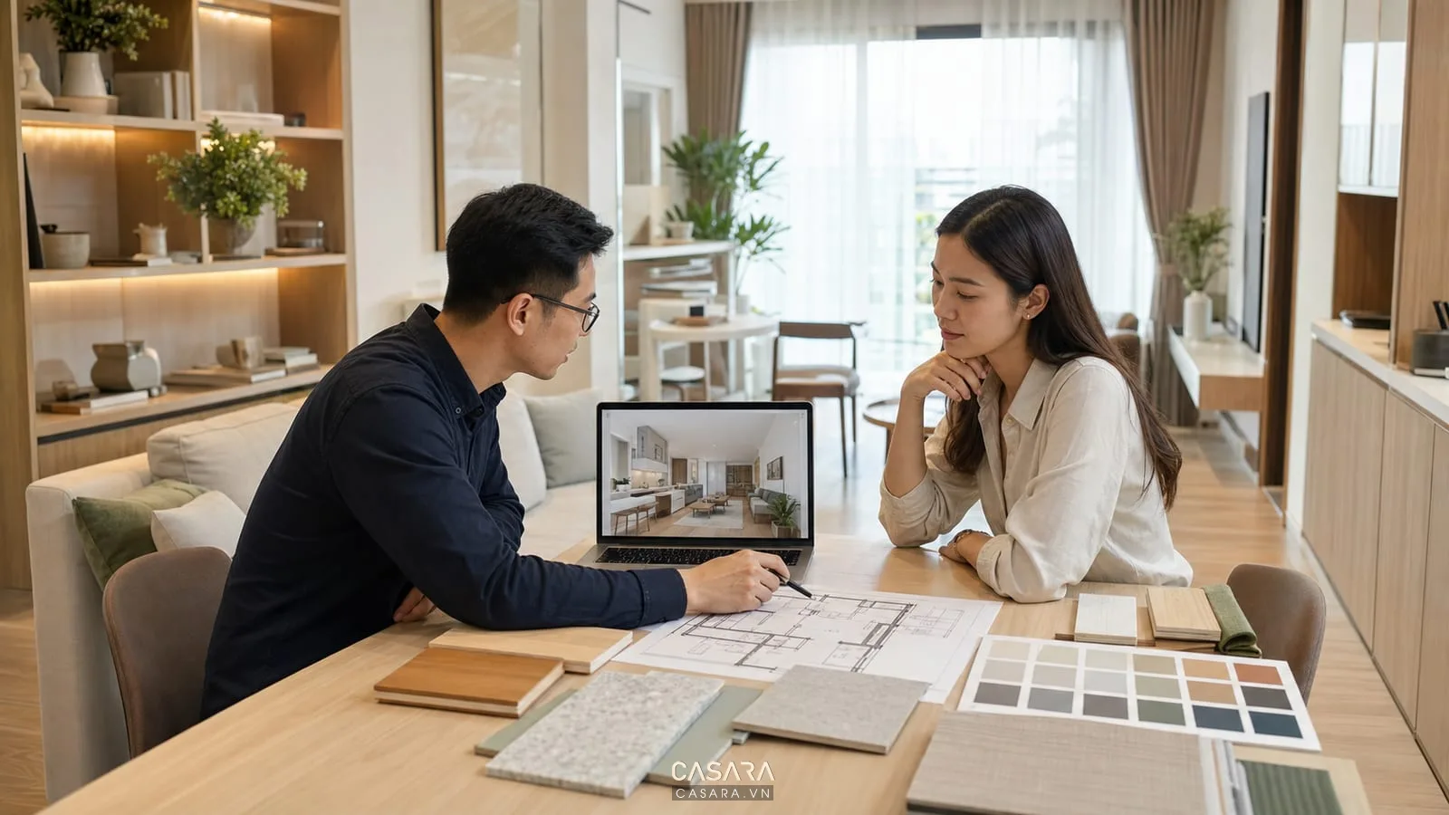 Tư vấn mẫu thiết kế chung cư 1 phòng ngủ với kiến trúc sư, bản vẽ mặt bằng, phối cảnh 3D, mẫu gỗ và bảng màu