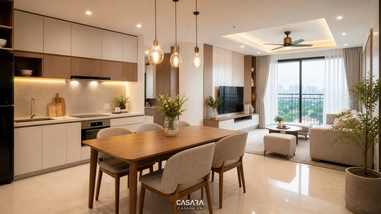 Thiết kế bếp mở và bàn ăn cho chung cư hai phòng ngủ