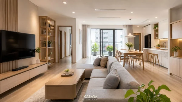 Phòng khách bếp mở với sofa xám, nội thất gỗ sáng màu và ban công lớn