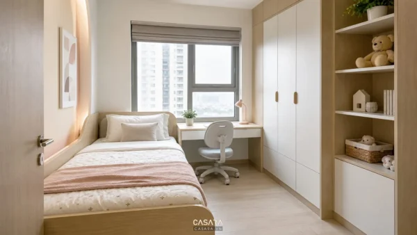 Phòng ngủ trẻ em có giường đơn, bàn học cạnh cửa sổ và tủ áo âm tường