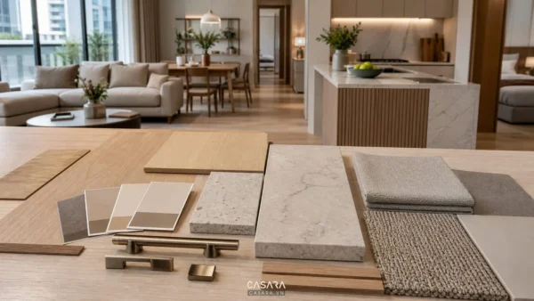 Bảng mẫu gỗ sáng, đá, vải và màu trung tính trên bàn trong căn hộ