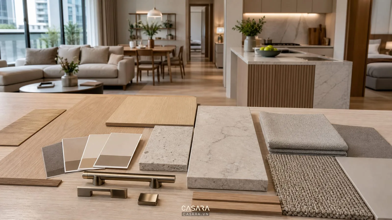 Vật liệu nội thất chung cư 3 phòng ngủ gồm gỗ sáng vải sofa mặt đá và bảng màu trung tính
