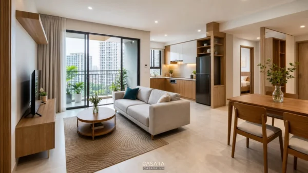 Mẫu thiết kế chung cư 70m2 với phòng khách liền bếp sofa sáng màu bàn ăn nhỏ và tủ tivi gỗ