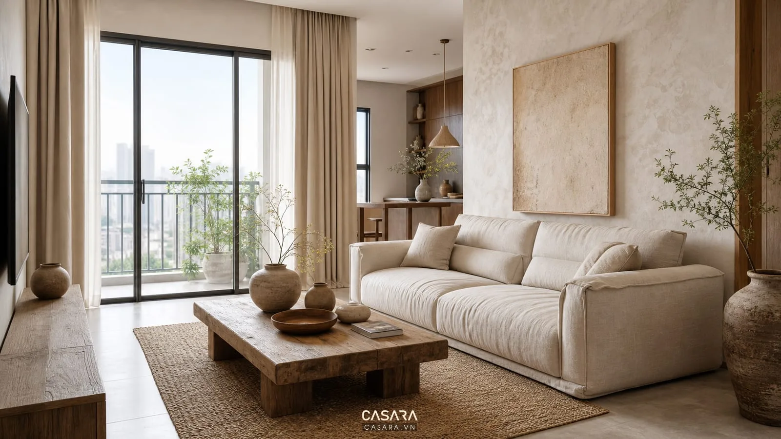 Thiết kế chung cư wabi sabi 70m2 với sofa vải linen bàn trà gỗ mộc tường hiệu ứng và bình gốm