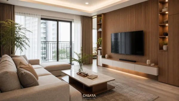 Phòng khách chung cư hiện đại có sofa, bàn trà, cửa kính lớn và vách tivi ốp gỗ