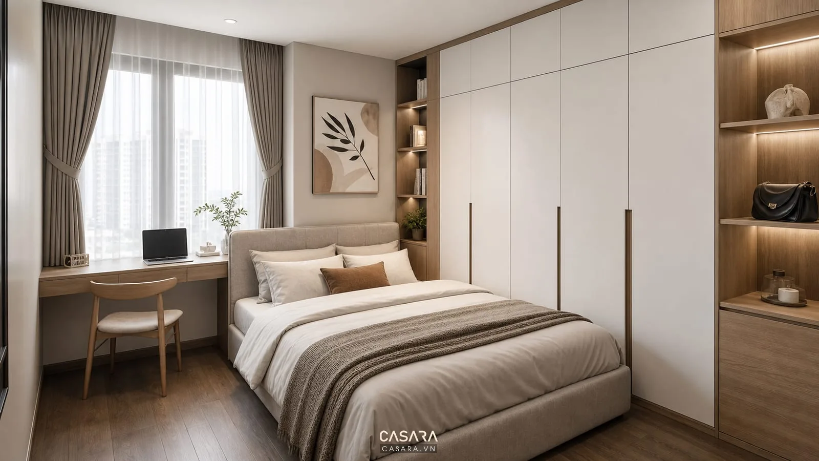 thiết kế chung cư nhỏ đẹp với phòng ngủ có giường, tủ áo âm tường và bàn làm việc
