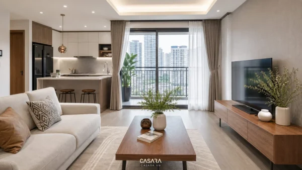 Phòng khách căn hộ hiện đại liền bếp với sofa sáng màu, bàn trà gỗ và cửa kính lớn
