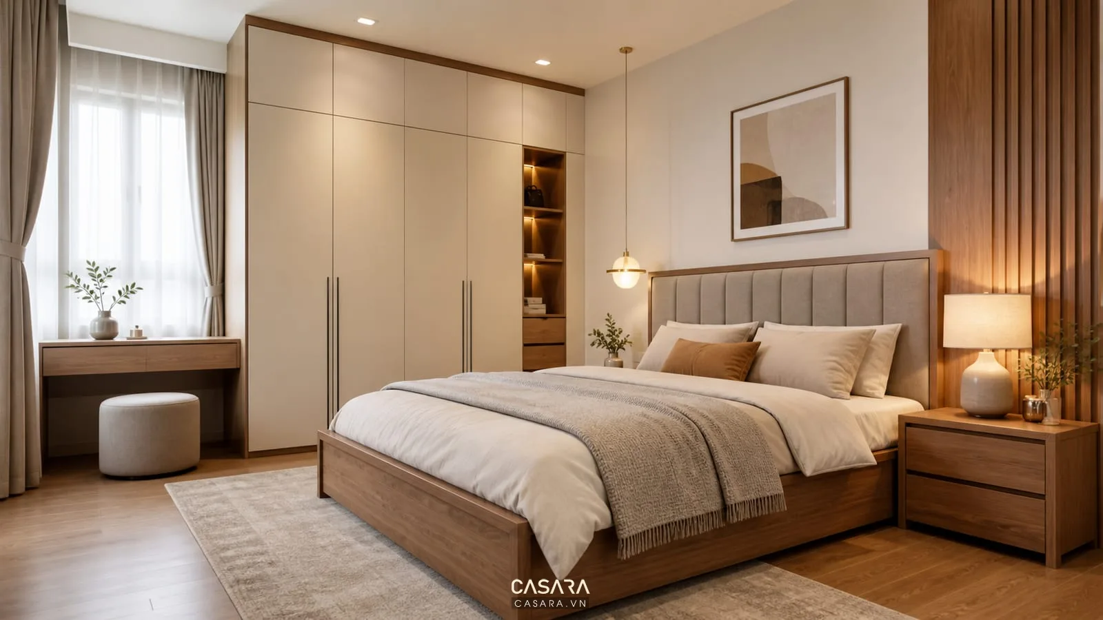 Phòng ngủ chung cư hiện đại có giường đôi tủ quần áo kịch trần và rèm sáng màu
