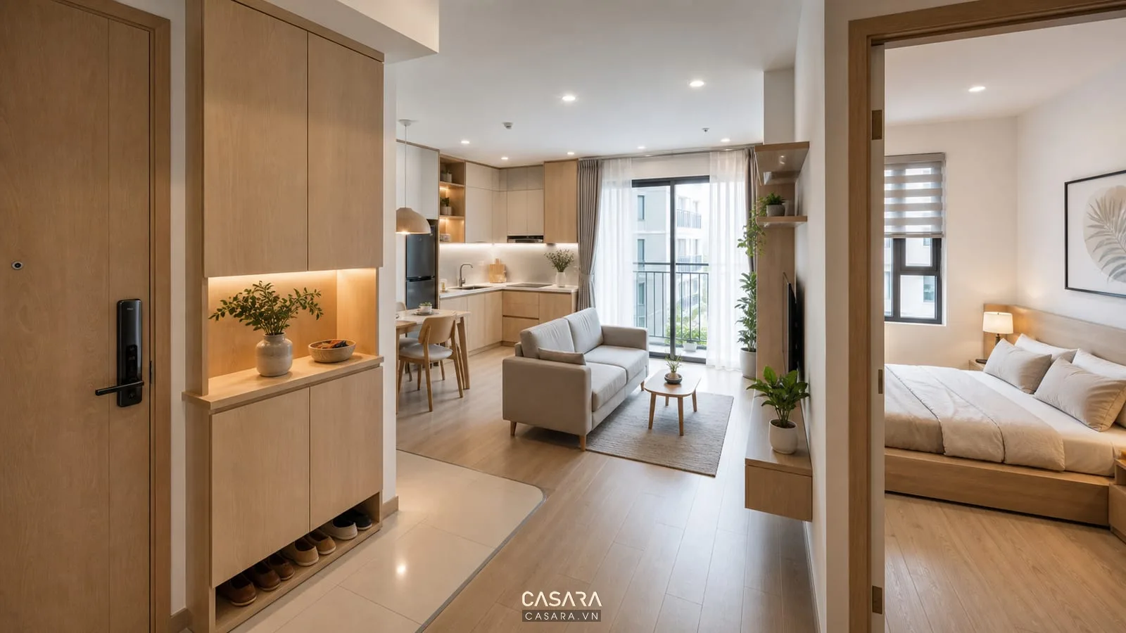 Căn hộ chung cư hiện đại diện tích nhỏ với phòng khách bếp phòng ngủ và nội thất gỗ sáng