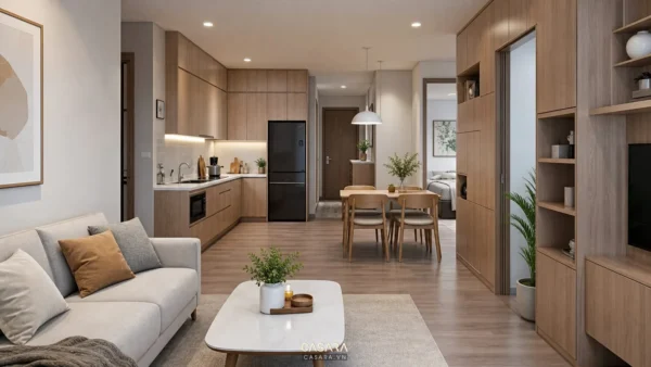 Căn hộ 70m2 có phòng khách, bếp, bàn ăn và hệ tủ gỗ bố trí gọn gàng