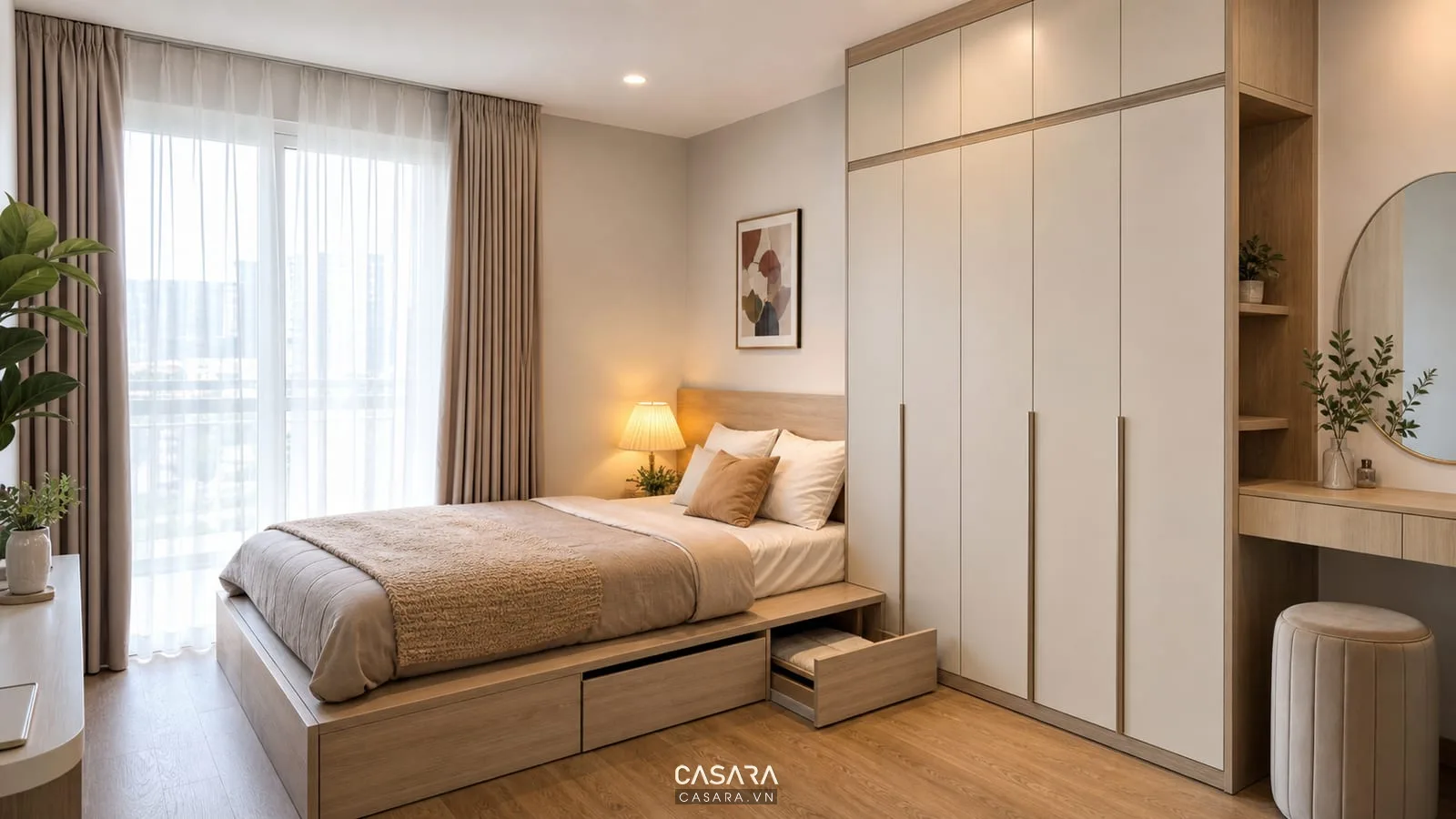 thiết kế chung cư mini với phòng ngủ nhỏ giường lưu trữ và tủ áo cao kịch trần