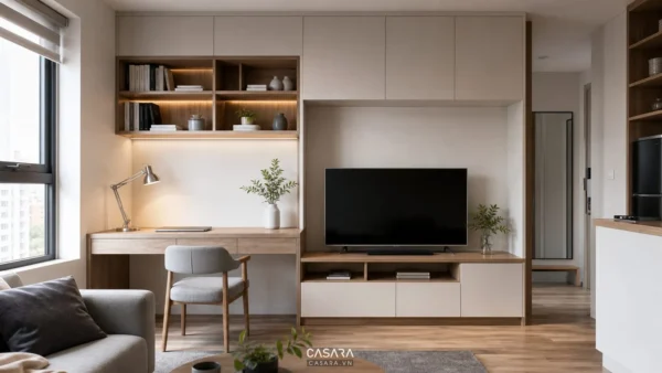 Góc làm việc cạnh cửa sổ nối liền hệ tủ tivi trong phòng khách căn hộ nhỏ
