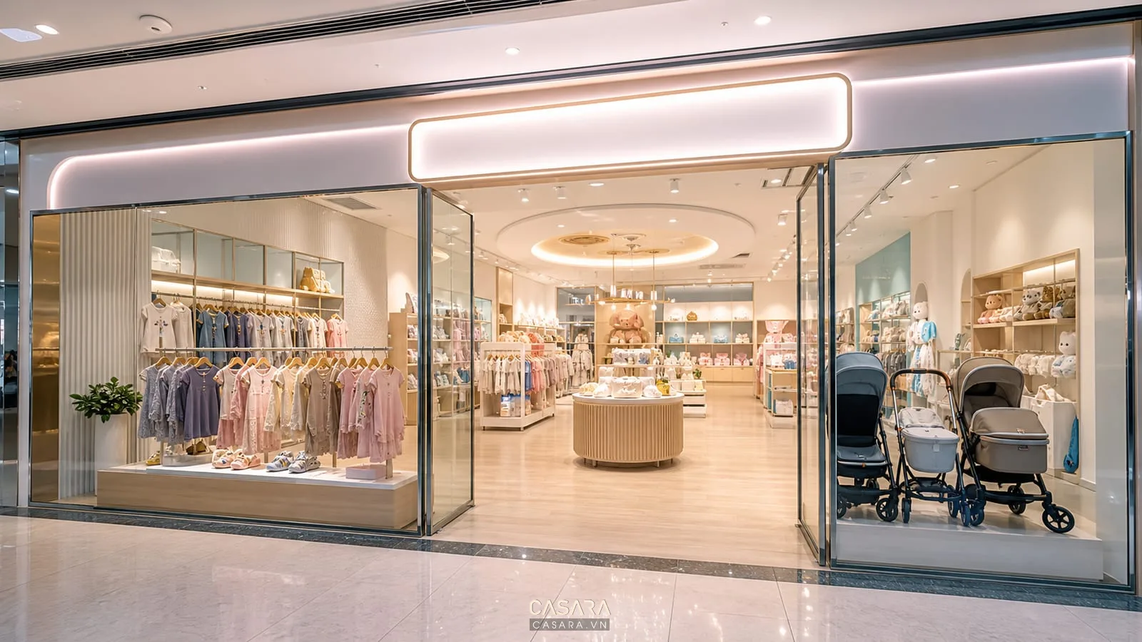 Mặt tiền shop mẹ và bé đẹp có biển hiệu rõ và cửa kính trưng bày sản phẩm trẻ em