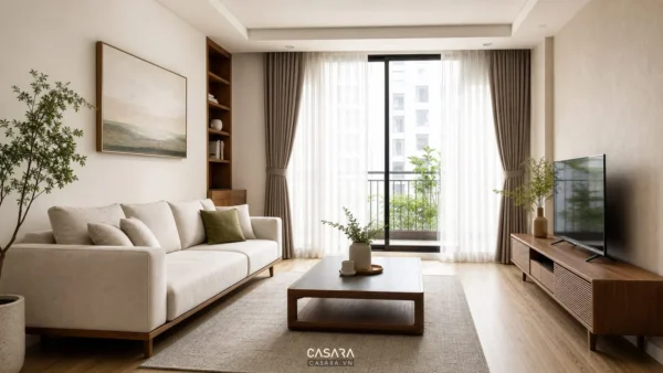 mẫu thiết kế nội thất phòng khách đẹp với sofa sáng màu kệ tivi gỗ và rèm cửa