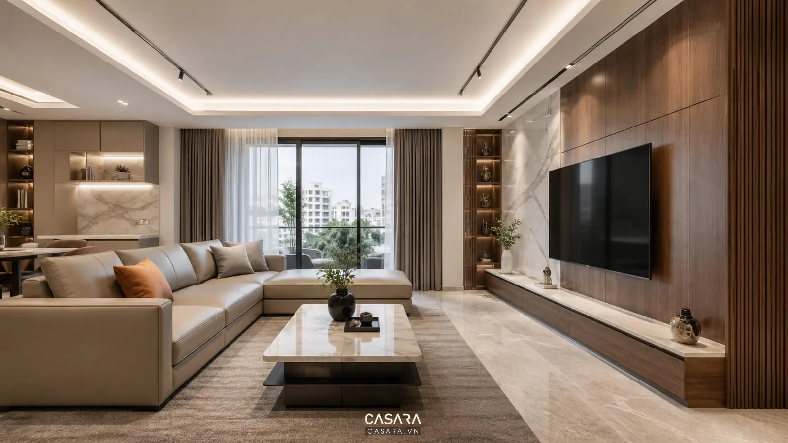 mẫu nội thất phòng khách đẹp với sofa chữ L vách tivi gỗ veneer và đèn hắt