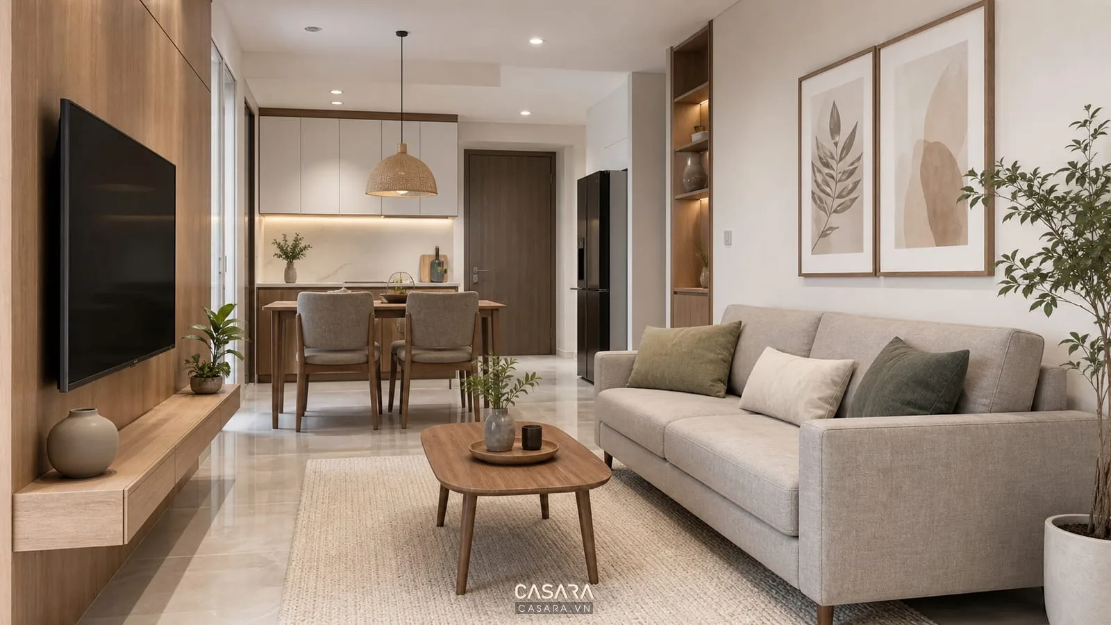 mẫu thiết kế nội thất phòng khách đẹp cho căn hộ nhỏ có sofa chữ I và kệ tivi treo