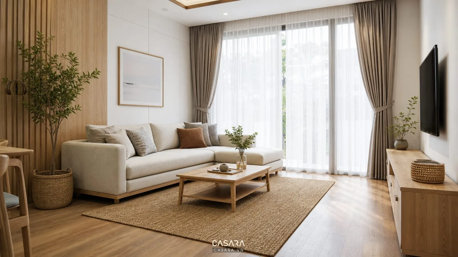 phòng khách đẹp với gỗ đá và sofa vải trung tính