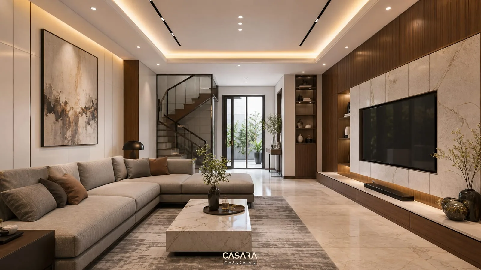 Mẫu phòng khách sang trọng có sofa da, vách đá tivi và gỗ ốp tường