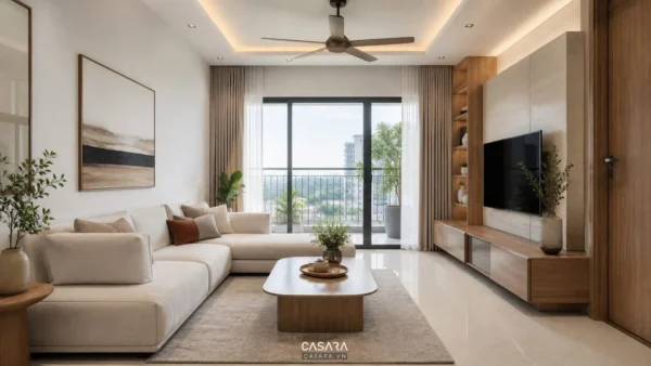 Phòng khách chung cư hiện đại có sofa sáng màu, bàn trà gỗ và kệ tivi sát tường