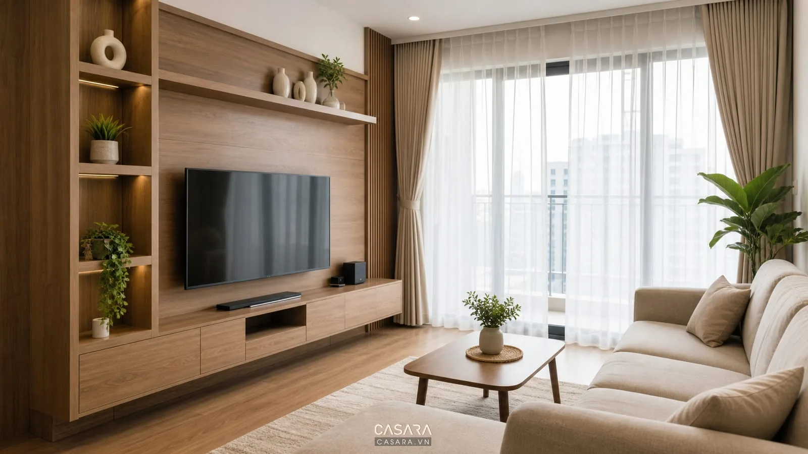 thiết kế phòng khách chung cư với kệ tivi gỗ và sofa màu be