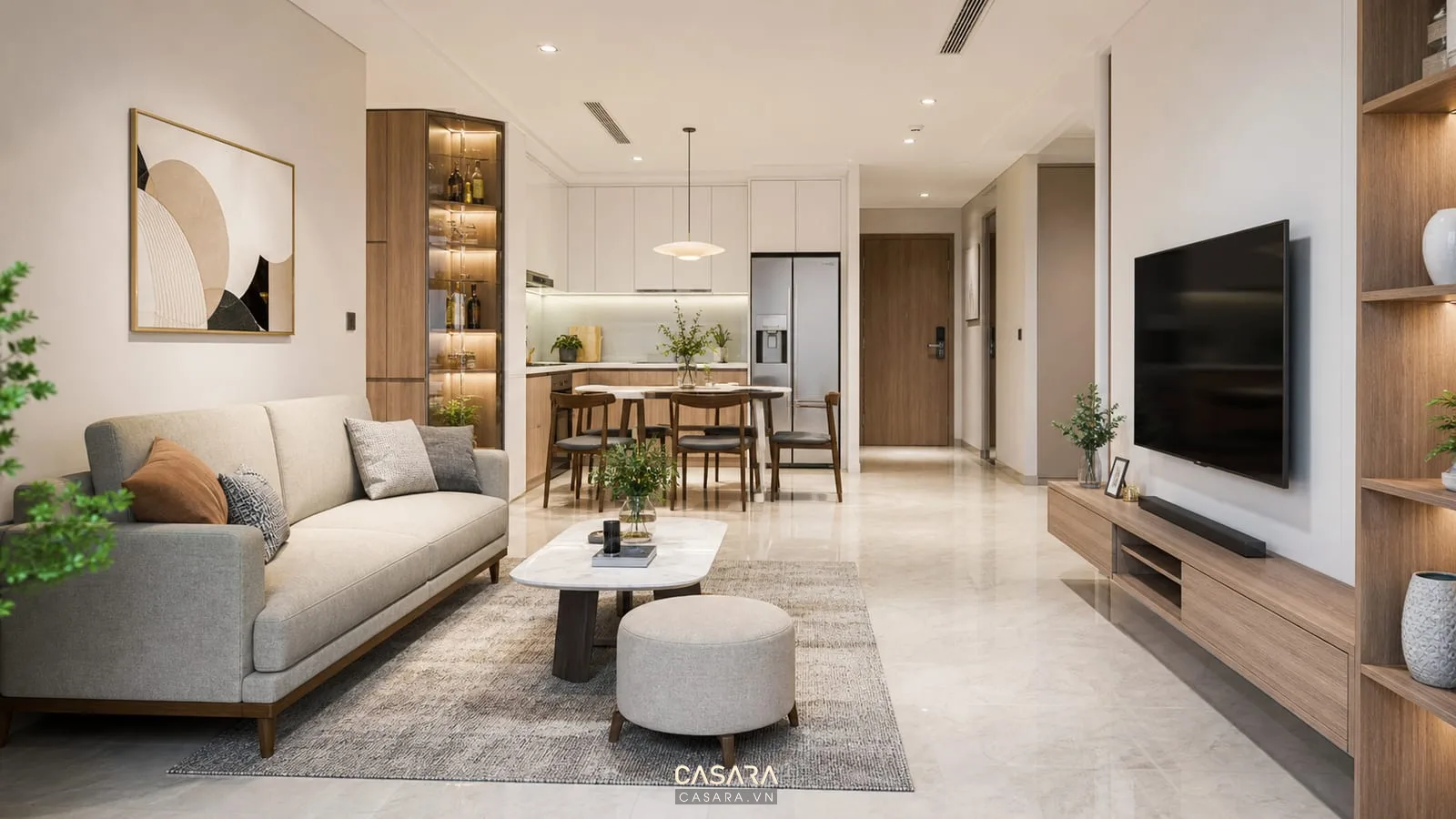 thiết kế phòng khách chung cư 70m2 với sofa văng và kệ tivi sát tường