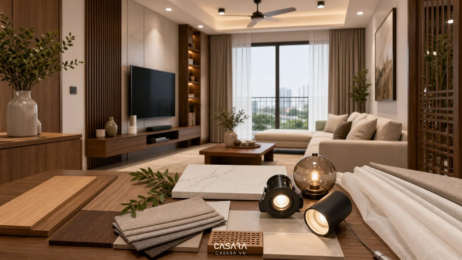bảng vật liệu cho mẫu thiết kế phòng khách chung cư với gỗ vải sofa đá và rèm sáng