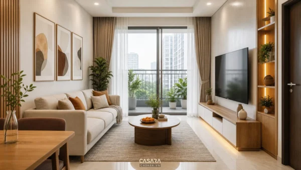 Phòng khách chung cư có sofa sáng màu, kệ tivi gỗ và ban công lớn