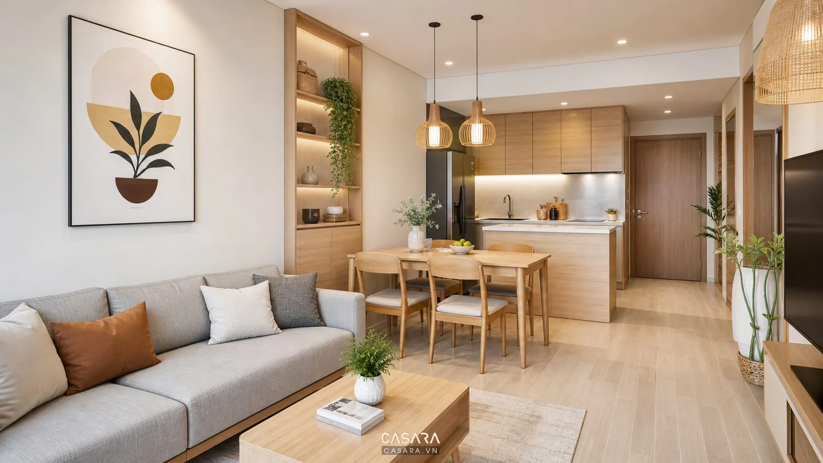 Trang trí phòng khách chung cư với sofa chữ L, kệ tivi âm tường, rèm vải sáng màu, bàn ăn gần phòng khách và căn hộ nhỏ hiện đại