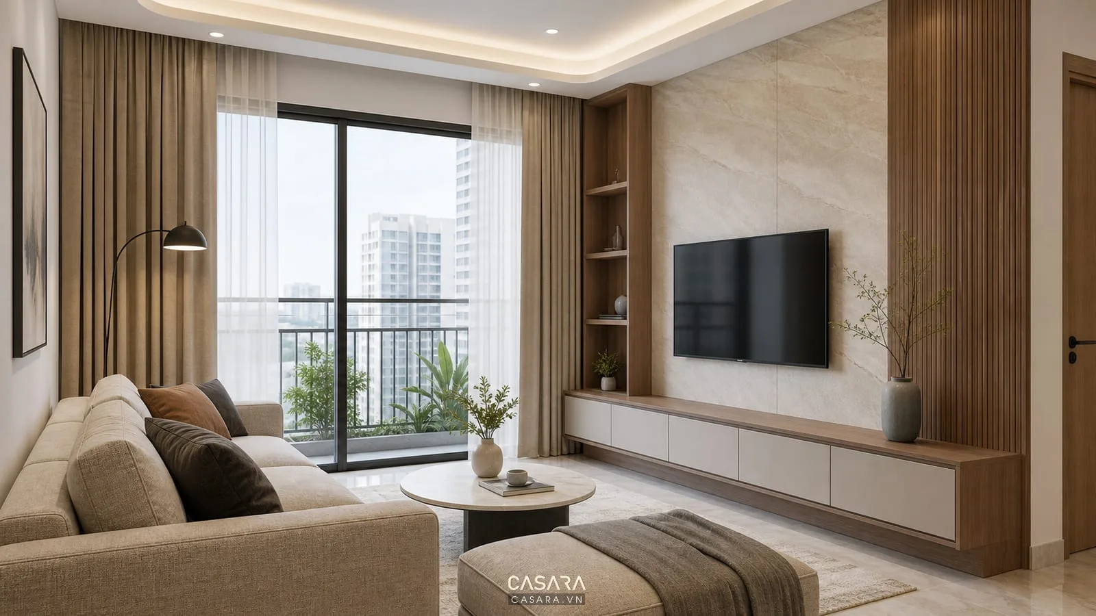 Phòng khách căn hộ chung cư hiện đại tối giản với sofa chữ L và tường tivi gỗ