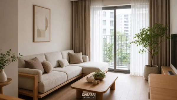 Phòng khách chung cư sáng thoáng với sofa thấp, bàn trà gỗ và rèm cửa mềm
