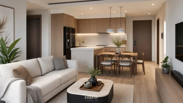 Phòng khách liền bếp chung cư với sofa sáng màu, bàn ăn gỗ và tủ bếp kịch trần