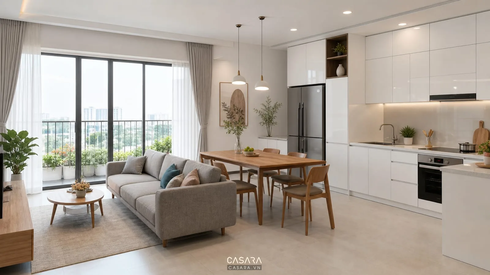 Thiết kế phòng khách chung cư hiện đại liền bếp với sofa xám và tủ bếp trắng