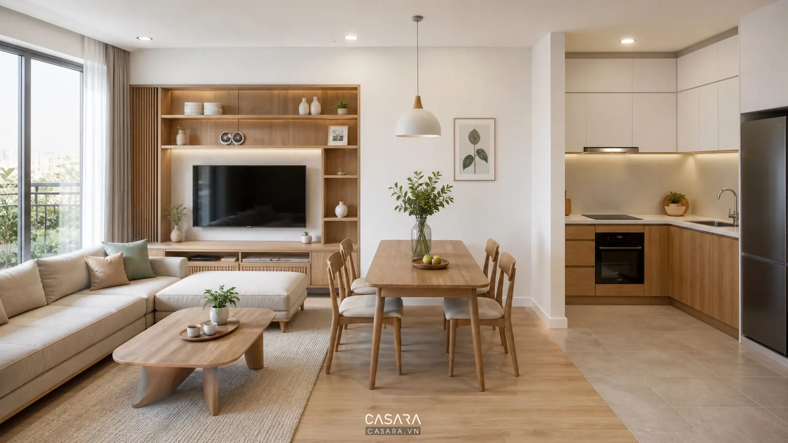 Phòng khách liền bếp chung cư có bàn ăn, sofa chữ L và tủ bếp chữ L trắng gỗ