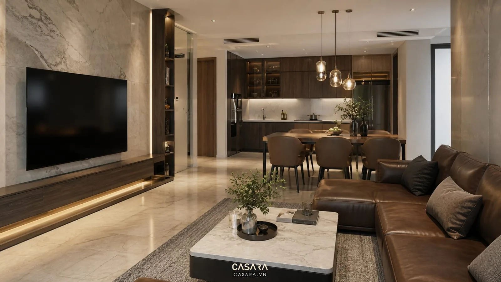 Thiết kế phòng khách chung cư sang trọng liền bếp với sofa cao cấp, bàn ăn và tủ bếp gỗ