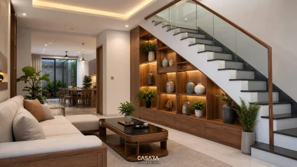 mẫu trang trí gầm cầu thang phòng khách hiện đại với kệ gỗ và đèn hắt sáng