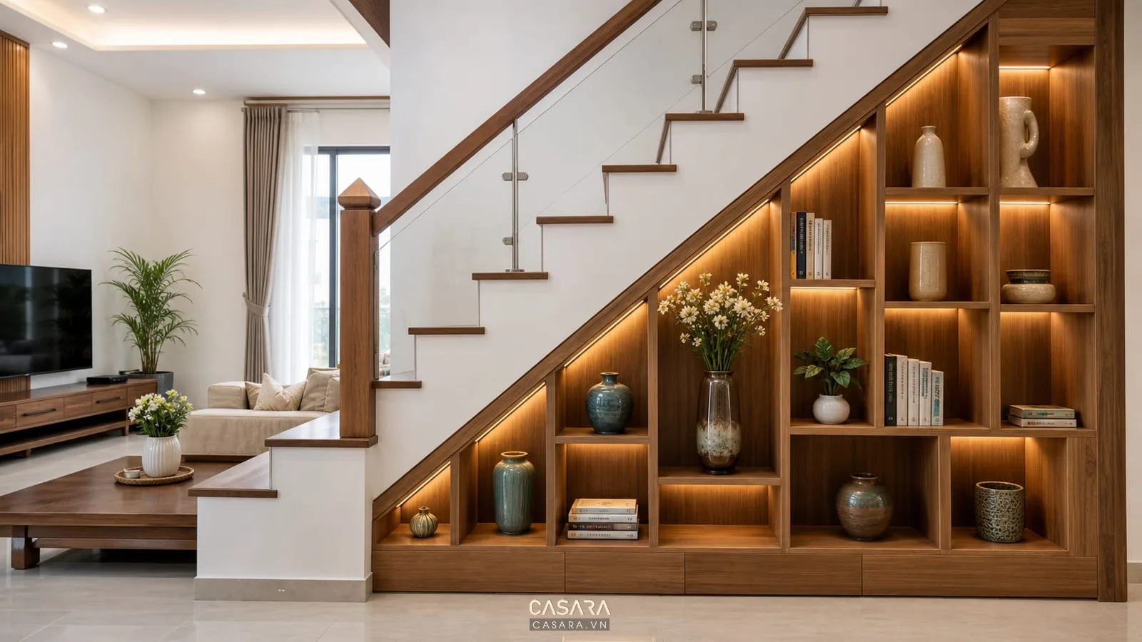 kệ trang trí gầm cầu thang bằng gỗ với sách và đồ gốm trong phòng khách