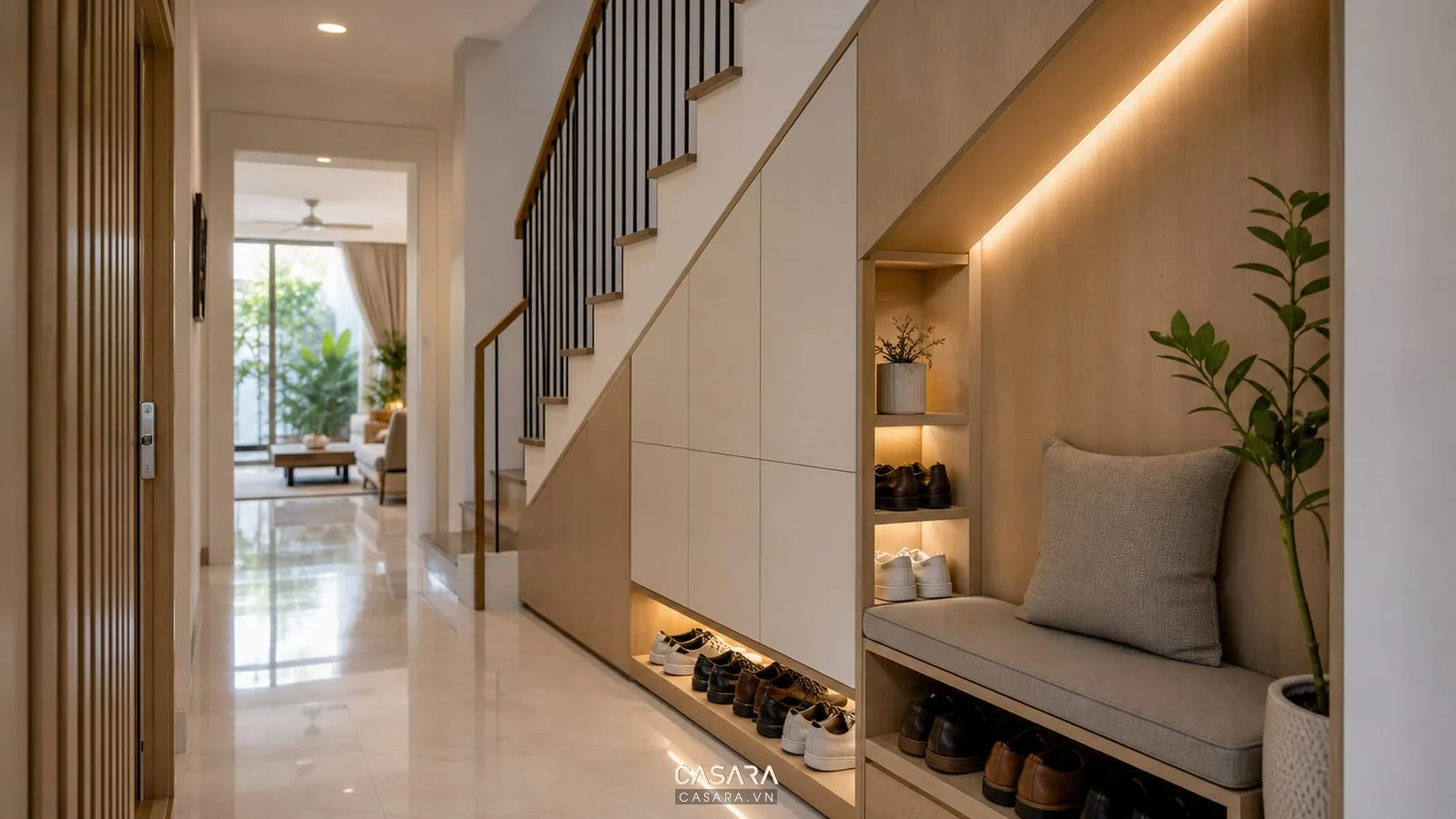 Trang trí gầm cầu thang nhà ống bằng tủ giày và ghế thay giày
