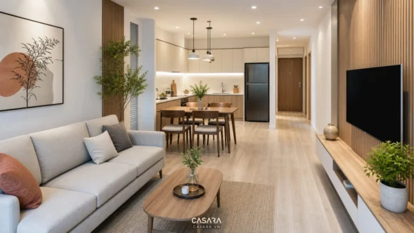 Cách trang trí nhà chung cư 70m2 phòng khách liền bếp có sofa chữ I bàn ăn tủ bếp chữ L tủ tivi và lối đi thoáng