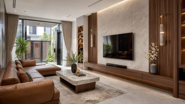 Phòng khách hiện đại có sofa da, bàn trà mặt đá và vách tivi ốp đá kết hợp gỗ