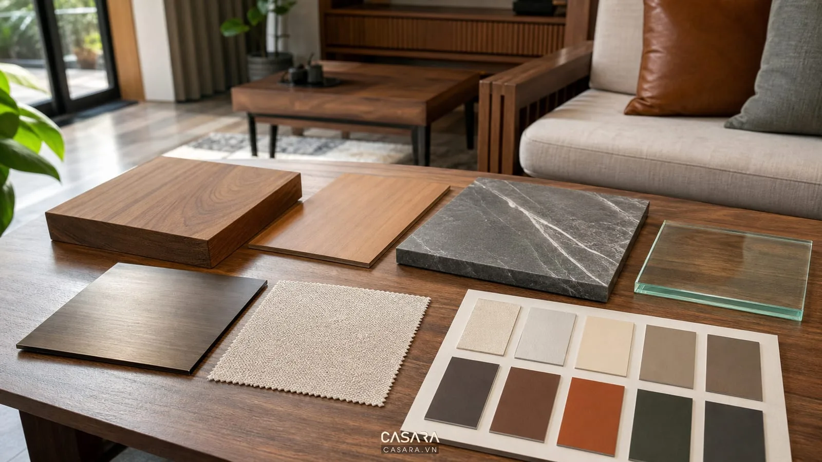 Mẫu vật liệu bàn trà phòng khách gồm gỗ đá kính kim loại và bảng màu nội thất