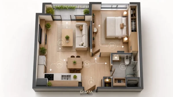 Mặt bằng căn hộ với phòng khách, bếp, phòng ngủ và nhà vệ sinh nhìn từ trên xuống