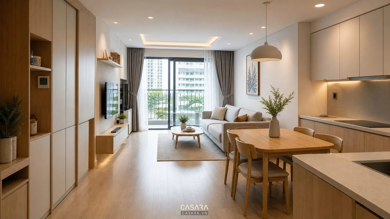 phòng khách bếp minh họa nguyên lý thiết kế chung cư hiện đại