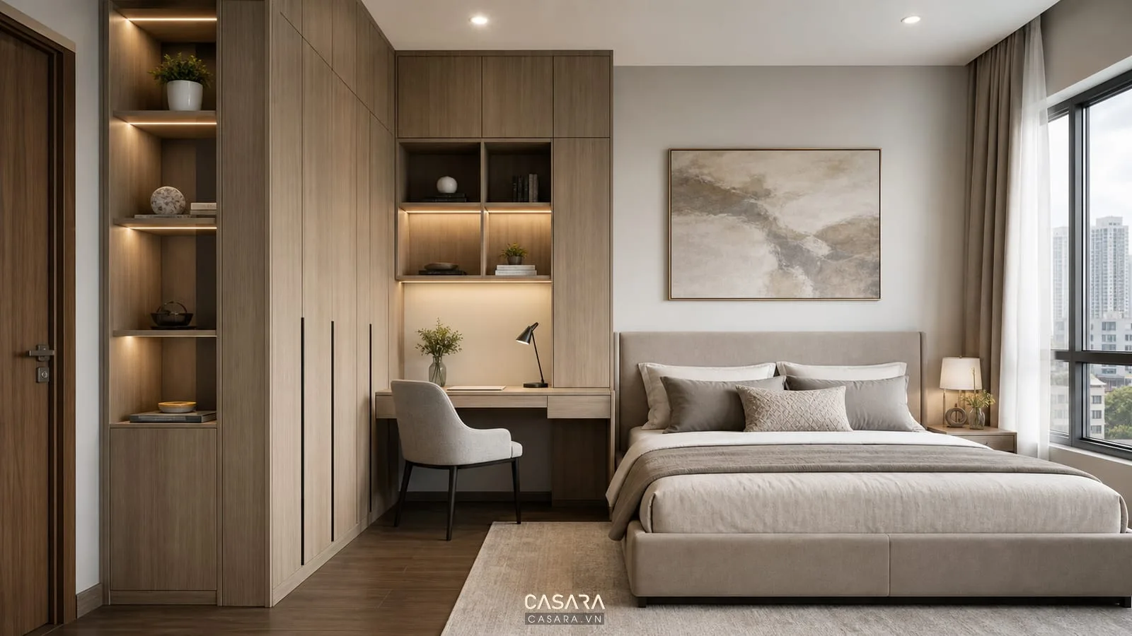 Hệ tủ phòng ngủ chung cư cao tầng với tủ áo bàn làm việc nhỏ và giường trung tính