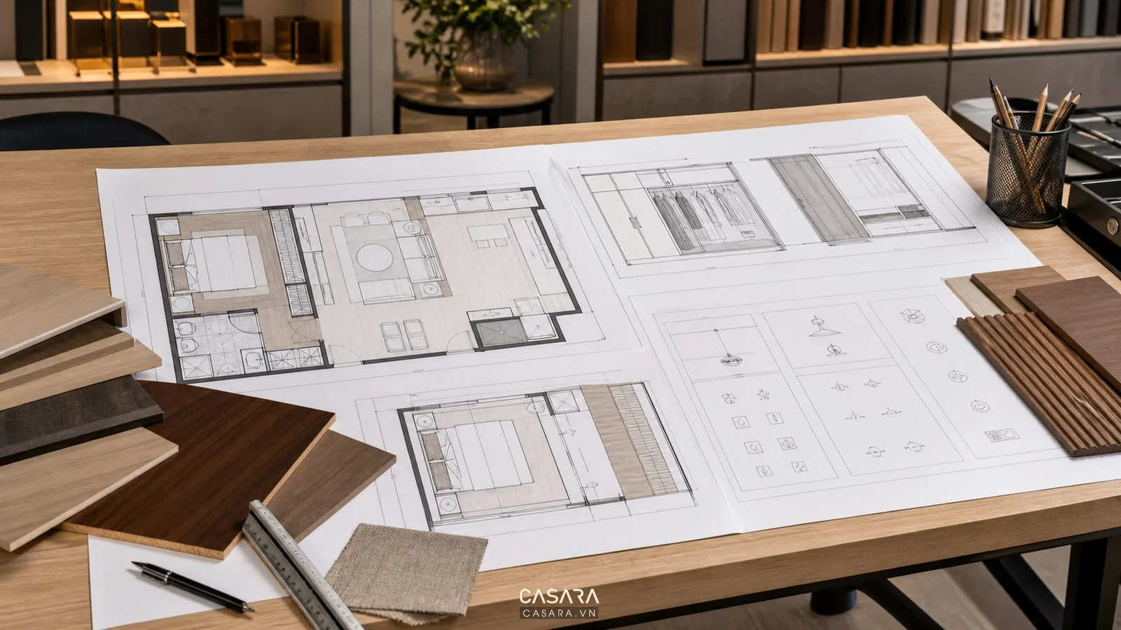 Bản vẽ thiết kế chung cư cao tầng với mặt bằng phòng ngủ mặt đứng tủ và ký hiệu điện
