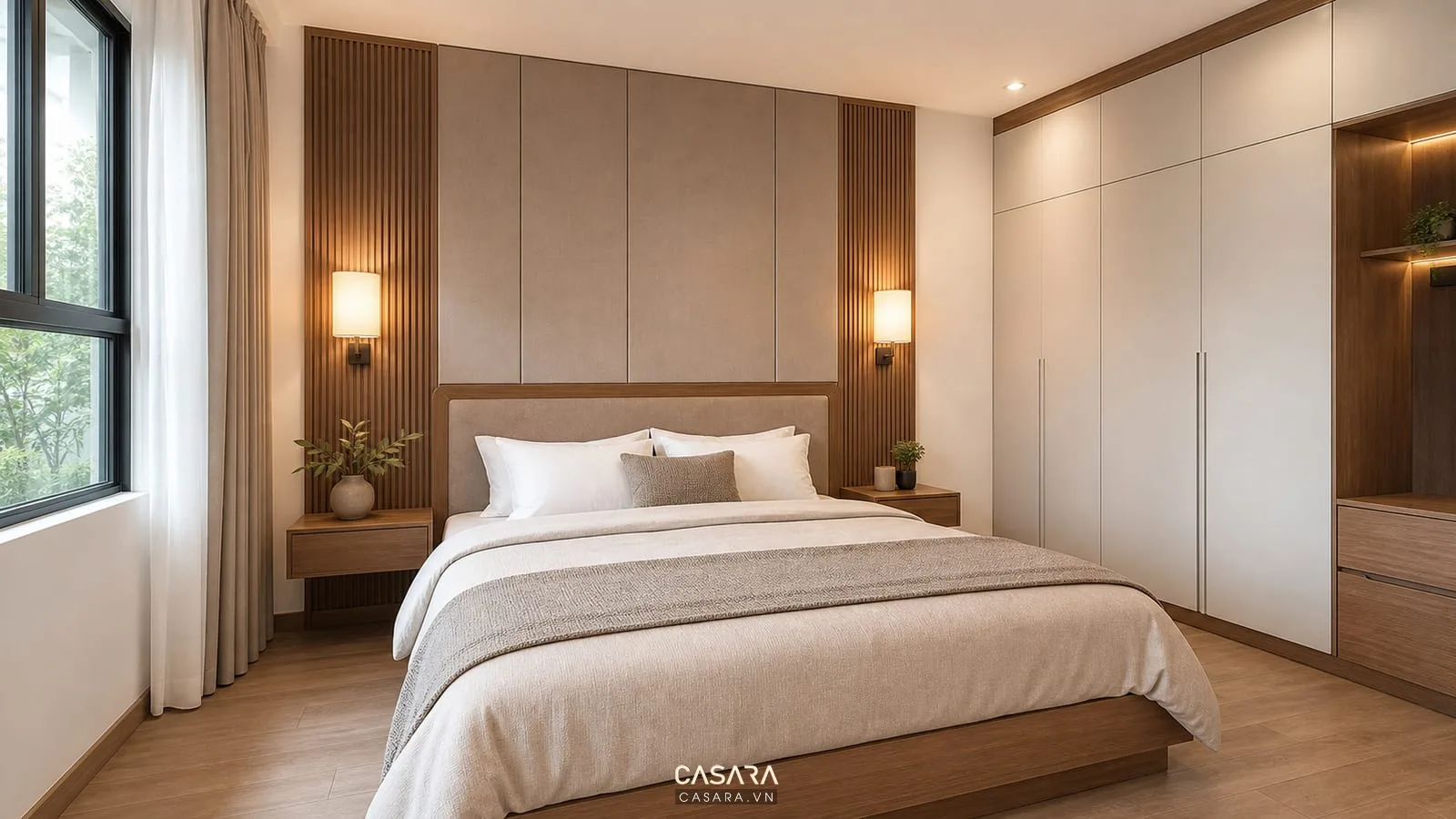 Hệ tủ phòng ngủ chung cư thấp tầng với tủ áo kịch trần, ngăn kéo, hốc mở và giường đôi trung tính